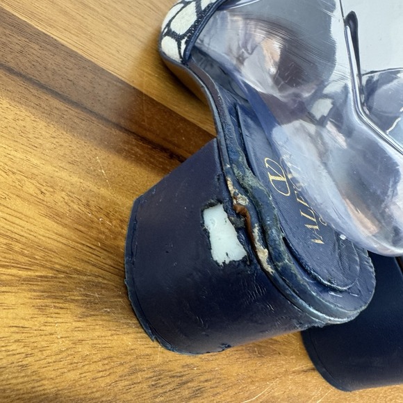 Womens Valentino Garavani Vlogo 50 Toile Navy Blue Heeled Slides Sandals Size 37 - Picture 10 of 10